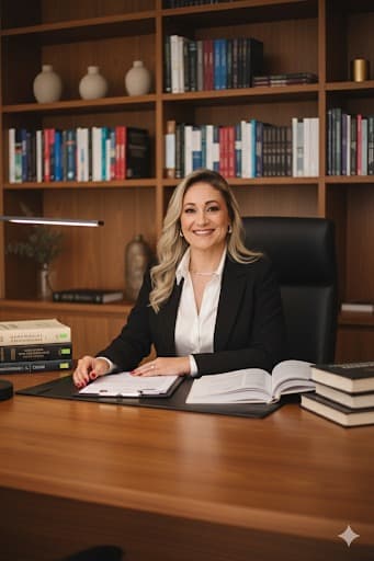 Dra. Thallyta Lemes, advogada profissional em ambiente de escritório, segurando tablet demonstrando o uso de tecnologia na advocacia